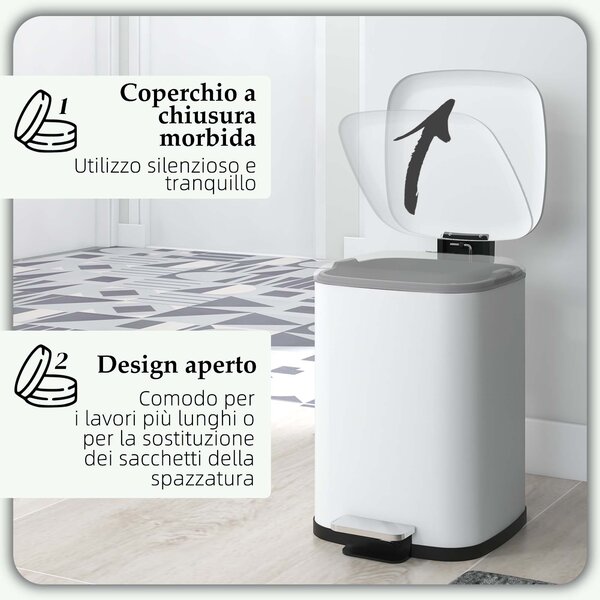 HOMCOM Bidone Immondizia da 12L a Pedale con Chiusura Silenziosa, in Metallo e PP, 24.5x32x34.5 cm, Bianco