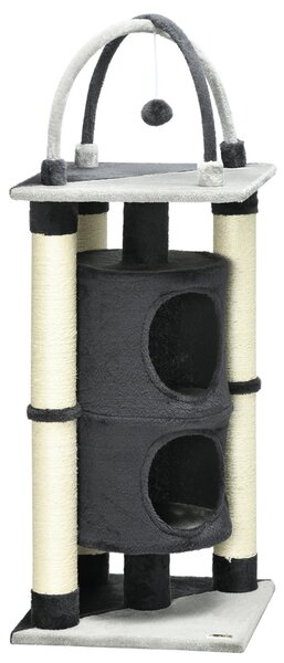 Albero Tiragraffi con Casetta Lettino e Pallina 39x39x114 cm in Peluche e Corda di Juta Grigio Scuro
