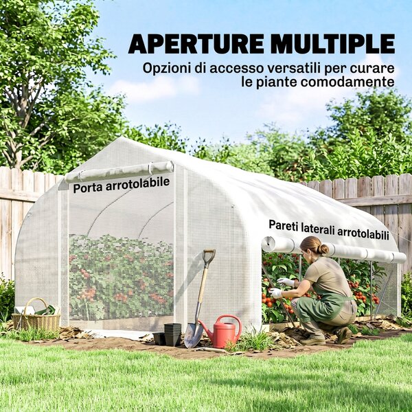 Outsunny Serra per Orto 3.95x3x2m Struttura in Acciaio e Copertura in PE Anti-UV con 8 Finestre, Porta e 2 Pareti Laterali Avvolgibili, Bianco|Aosom