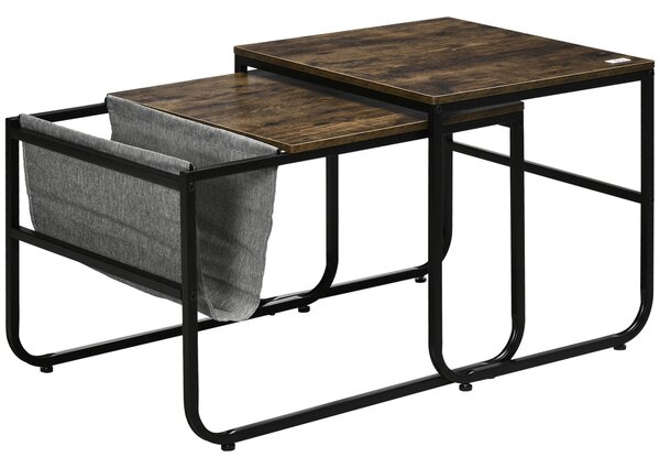 Set 2 Tavolini da Caffè Impilabili in MDF e Acciaio Nero e Marrone Rustico