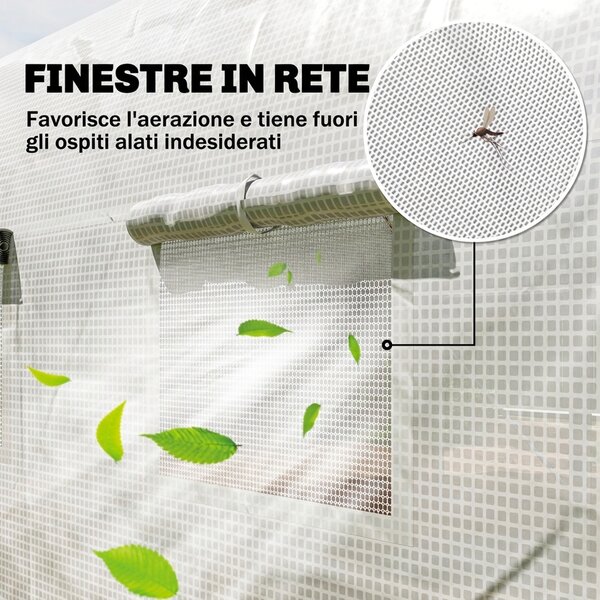 Outsunny Serra per Orto 3.95x3x2m Struttura in Acciaio e Copertura in PE Anti-UV con 8 Finestre, Porta e 2 Pareti Laterali Avvolgibili, Bianco|Aosom