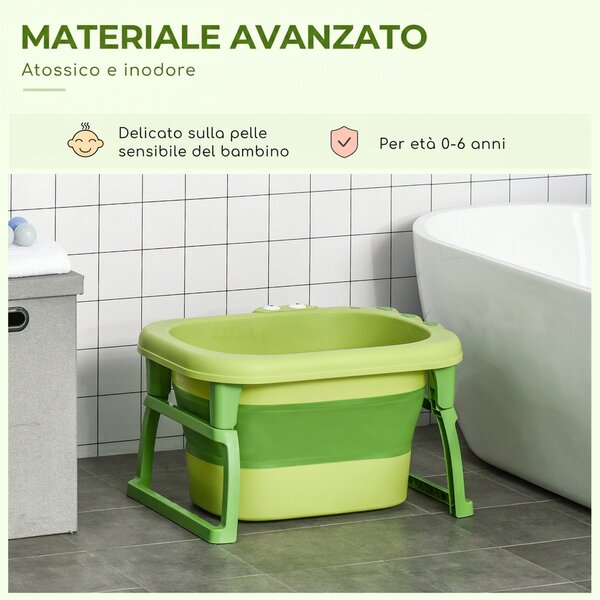 HOMCOM Vaschetta Bagnetto Pieghevole per Neonati e Bambini di 0-6 Anni, in Plastica Antiscivolo, Verde, 75.3x55.4x43cm|Aosom