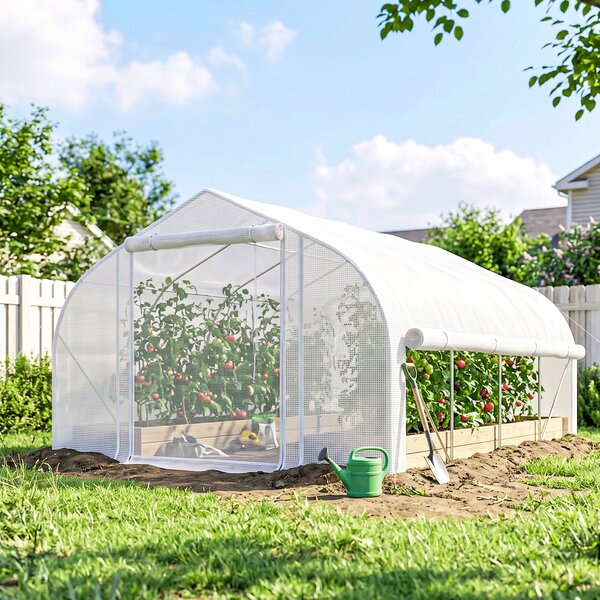 Outsunny Serra per Orto 3.95x3x2m Struttura in Acciaio e Copertura in PE Anti-UV con 8 Finestre, Porta e 2 Pareti Laterali Avvolgibili, Bianco|Aosom