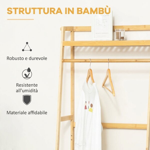 HOMCOM Appendiabiti da Terra in Legno di Bambù, Design Elegante con Ripiani, Perfetto per Ingresso e Camera, 70x42x164cm - Legno|Aosom