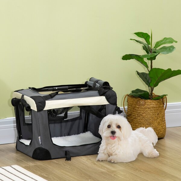 Trasportino per Cani e Gatti Pieghevole 50,5x33,5x35 cm 3 Aperture e Cuscino Grigio