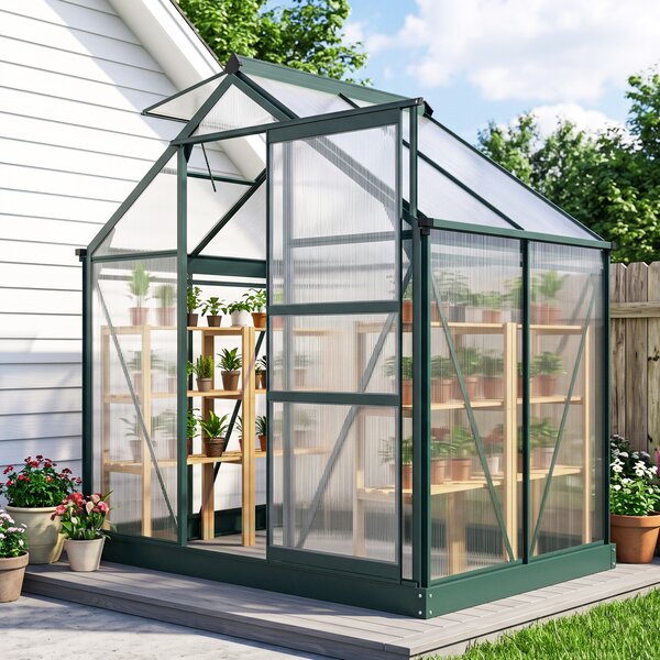 Outsunny Serra da Giardino con Grondaia, Finestra e Porta Scorrevole, in Policarbonato Anti UV, 190x132x201cm, Verde Scuro | Aosom Italy