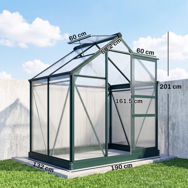 Outsunny Serra da Giardino con Grondaia, Finestra e Porta Scorrevole, in Policarbonato Anti UV, 190x132x201cm, Verde Scuro | Aosom Italy