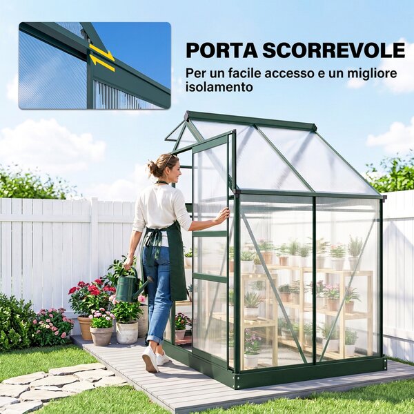 Outsunny Serra da Giardino con Grondaia, Finestra e Porta Scorrevole, in Policarbonato Anti UV, 190x132x201cm, Verde Scuro | Aosom Italy