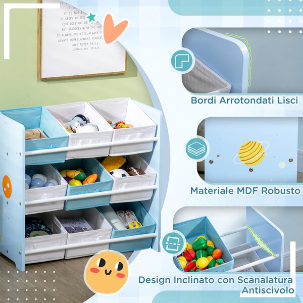 ZONEKIZ Mobiletto Portagiochi con 9 Cestini Rimovibili in MDF e Tessuto, 63x30x60cm, Azzurro | Aosom Italy