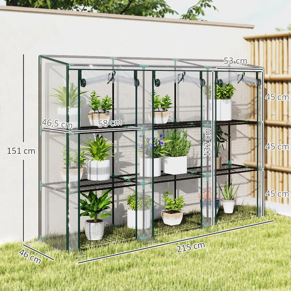 Outsunny Serra da Giardino 215x46x151cm, 3 Porte Avvolgibili, 9 Ripiani, Struttura Acciaio, Copertura PVC, Trasparente | Aosom Italy