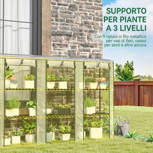Outsunny Serra da Giardino 215x46x151cm, 3 Porte Avvolgibili, 9 Ripiani, Struttura Acciaio, Copertura PVC, Trasparente | Aosom Italy
