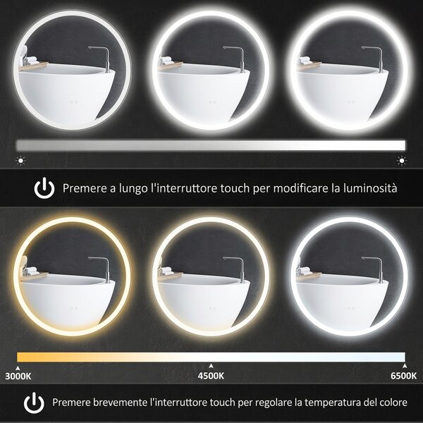 Kleankin Specchio Bagno con Luce LED Rotondo 80cm, 3 Colori, 3000-6500K, Interruttori Touch, Memoria, Antiappannamento | Aosom Italy