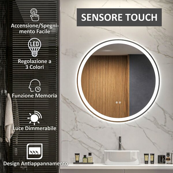 Kleankin Specchio Bagno con Luce LED Rotondo 80cm, 3 Colori, 3000-6500K, Interruttori Touch, Memoria, Antiappannamento | Aosom Italy