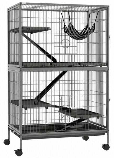 PawHut Gabbia per Roditori con 4 Ingressi a Livelli Multipli con Amaca, in Metallo e PP, 80x52x128 cm, Argento e Grigio | Aosom Italy