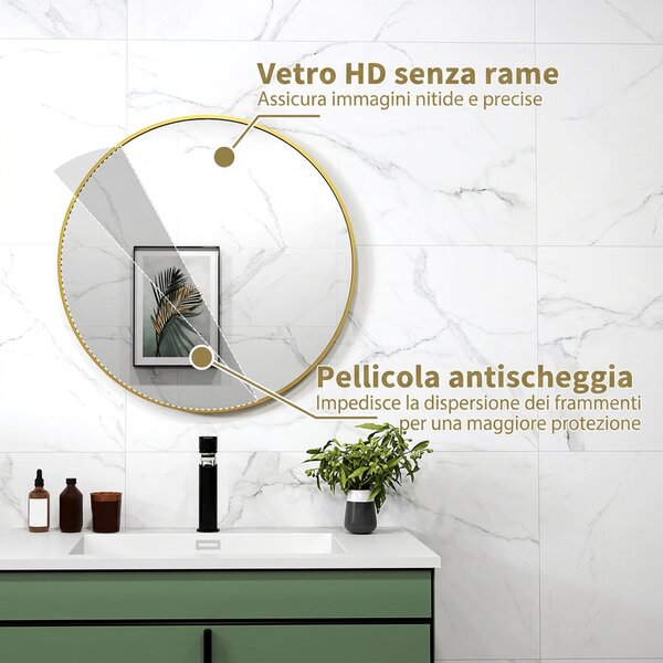 HOMCOM Specchio Rotondo da Bagno con Superficie Antiurto, in Vetro e Acciaio, Ø70x2.5 cm, color Oro | Aosom Italy