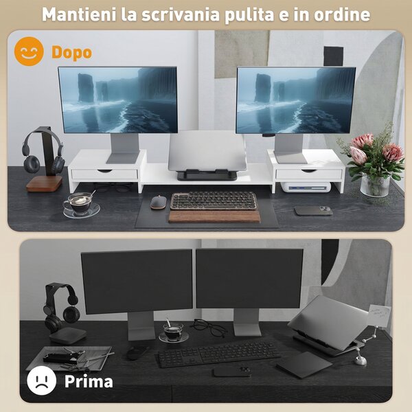 HOMCOM Supporto per Monitor da Scrivania con 2 Cassetti, 3 Spazi Sottostanti, Fino a 14kg, 60-116x22x12 cm, Bianco | Aosom Italy