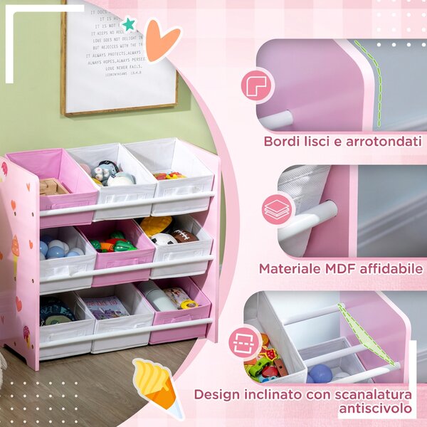 ZONEKIZ Mobiletto Portagiochi con 9 Cestini Rimovibili in Legno e Tessuto, 63x30x60 cm, Rosa e Bianco | Aosom Italy