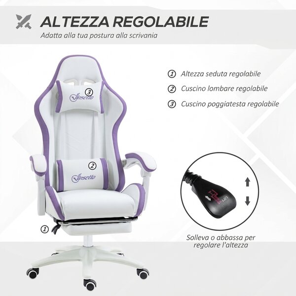 Vinsetto Sedia da Gaming con Altezza Regolabile e Schienale Reclinabile, 65x65x121-129 cm, Bianco e Viola | Aosom Italy