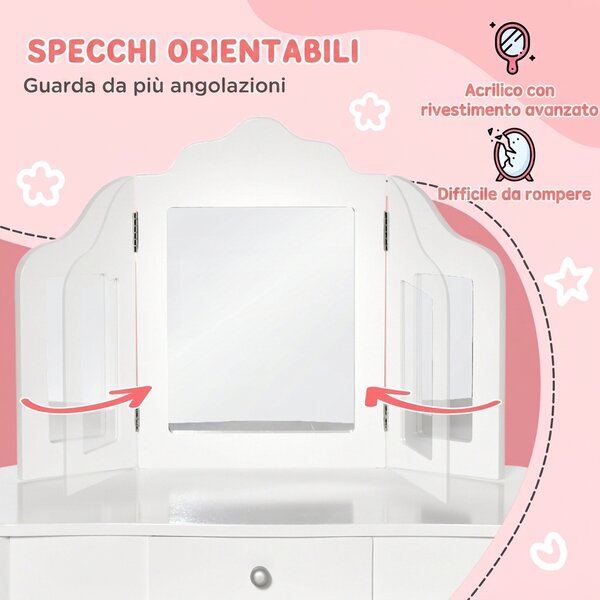 HOMCOM Tavolo da Trucco per Bambini con Sgabello e Triplo Specchio, in Legno e Acrilico, 63x40x85.5 cm, Bianco | Aosom Italy