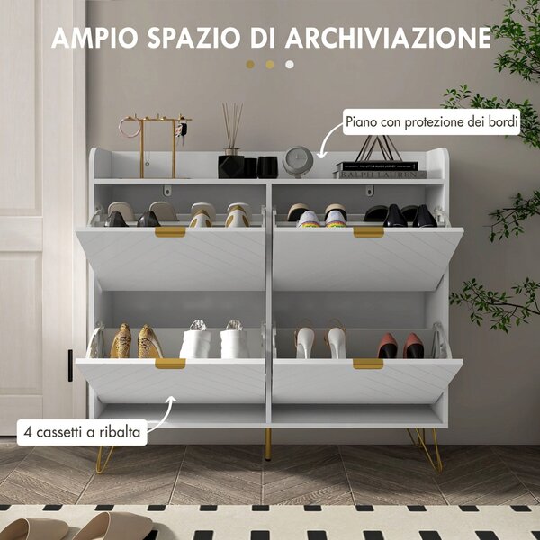 HOMCOM Scarpiera Salvaspazio Slim, 4 Ante a Ribalta, Ripiani Regolabili, 4 Prese d'Aria, Piano, per 16 Paia, Bianco | Aosom Italy