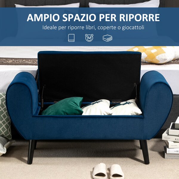 HOMCOM Panca Contenitore Imbottita per Camera da Letto e Ingresso, Panca Fondo Letto in Tessuto Vellutato con Braccioli, 118x42x66cm, Blu|Aosom