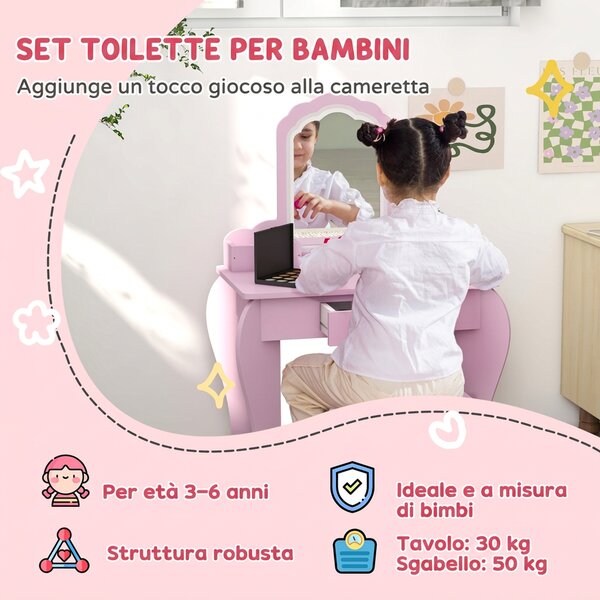 ZONEKIZ Set Toeletta per Bambina con Specchio Trucco e Sgabello Abbinato in Legno, Cassetto e Contenitori, Rosa | Aosom Italy