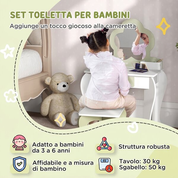 ZONEKIZ Set Toeletta per Bambina con Specchio Trucco e Sgabello Abbinato in Legno, Cassetto e Contenitori, Bianco | Aosom Italy