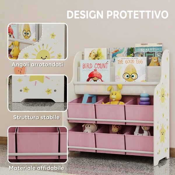 AIYAPLAY Scaffale Portagiochi con 6 Cassetti in Tessuto e Libreria a 2 Livelli, in Legno e Acciaio, 63x30x71 cm, Rosa | Aosom Italy
