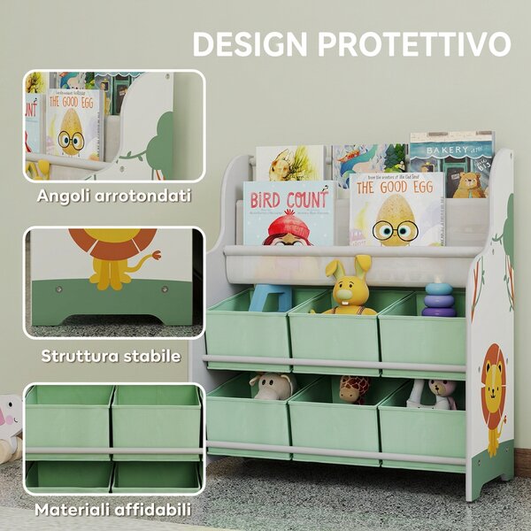 AIYAPLAY Scaffale Portagiochi con 6 Cassetti in Tessuto e Libreria a 2 Livelli, in Legno e Acciaio, 63x30x71 cm, Verde | Aosom Italy