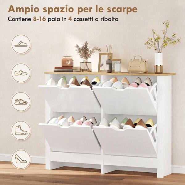 HOMCOM Scarpiera Moderna per 16 Paia Max con 4 Cassetti Regolabili e Rimovibili, in Legno, 105x26x80 cm, Bianco | Aosom Italy
