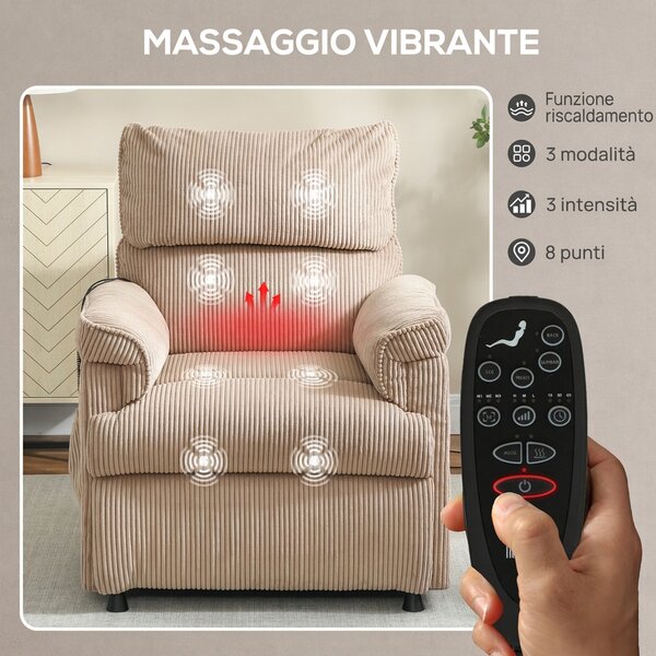 HOMCOM Poltrona Massaggiante e Riscaldante, Reclinabile in Velluto con Funzione Memory, 2 Telecomandi, Marrone | Aosom Italy