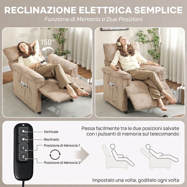 HOMCOM Poltrona Massaggiante e Riscaldante, Reclinabile in Velluto con Funzione Memory, 2 Telecomandi, Marrone | Aosom Italy