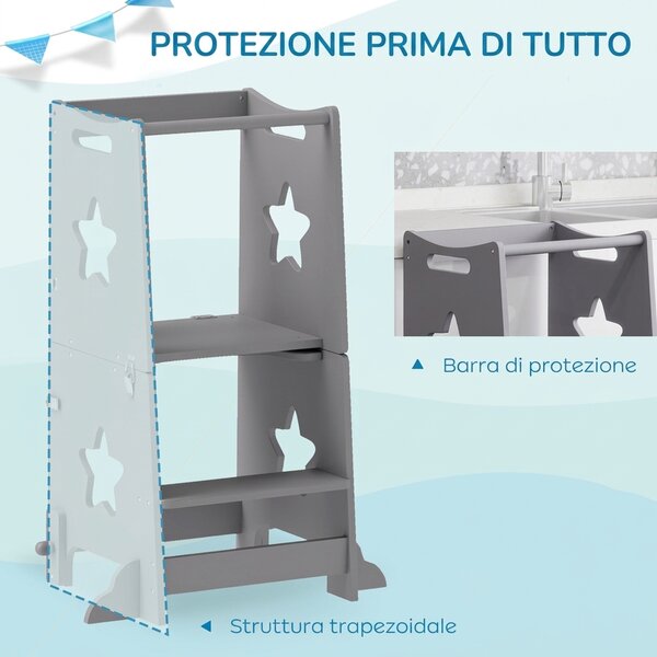 AIYAPLAY Scala Montessori Convertibile in Set Tavolo e Sedie con Barra di Sicurezza, in Legno, 60x44.5x86 cm, Grigio | Aosom Italy