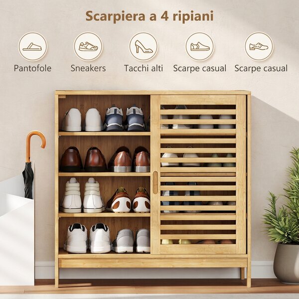 HOMCOM Scarpiera Ingresso 4 Livelli in Bambù per 16 Paia, 2 Ante Scorrevoli a Doghe, Ripiani Regolabili, Color Legno | Aosom Italy