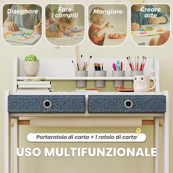AIYAPLAY Set Scrivania e Sedia per Bambini con Ripiano, Portabicchieri, Cassetti, Ragazzi in Legno per Cameretta | Aosom Italy