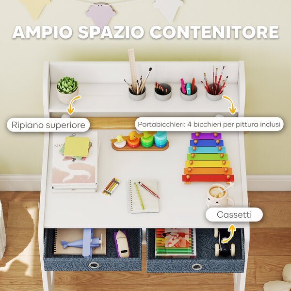 AIYAPLAY Set Scrivania e Sedia per Bambini con Ripiano, Portabicchieri, Cassetti, Ragazzi in Legno per Cameretta | Aosom Italy