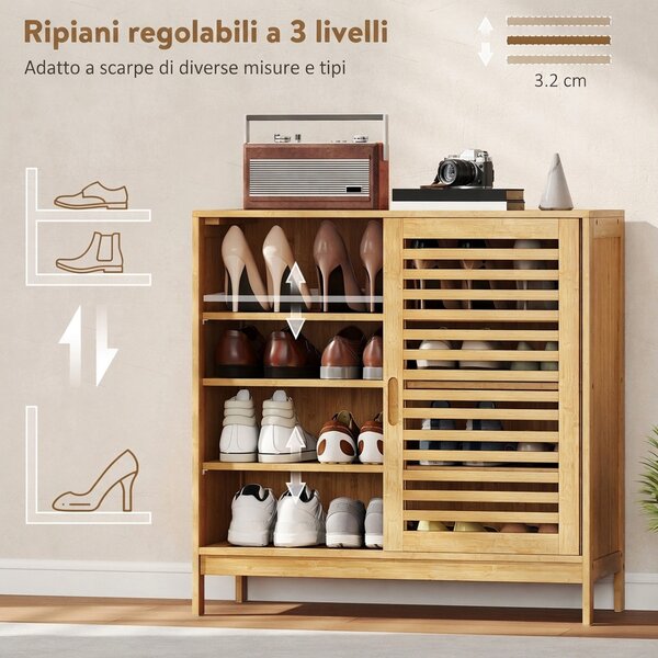 HOMCOM Scarpiera Ingresso 4 Livelli in Bambù per 16 Paia, 2 Ante Scorrevoli a Doghe, Ripiani Regolabili, Color Legno | Aosom Italy