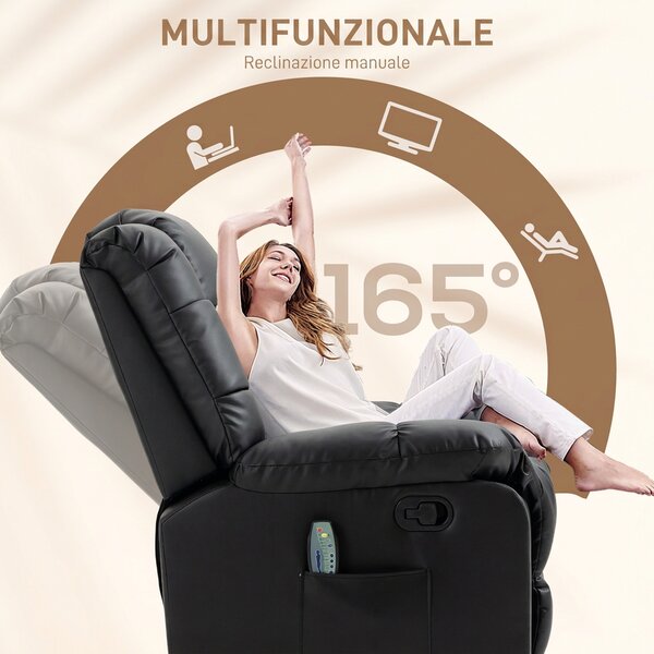 HOMCOM Poltrona Relax con 8 Punti Massaggio e Reclinazione a 165° in Finta Pelle, Nero | Aosom Italy