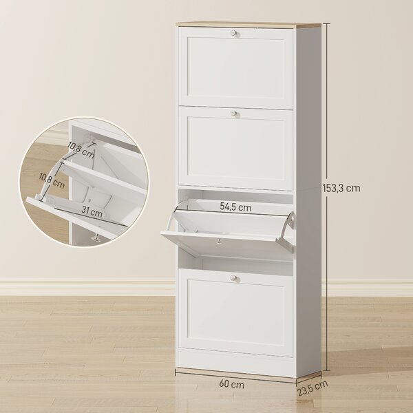 HOMCOM Scarpiera Salvaspazio a 4 Cassetti con Ripiani Regolabili su 2 Livelli, 60x23.5x151 cm, Bianco | Aosom Italy