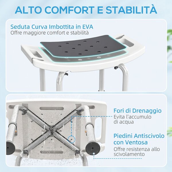 HOMCOM Sgabello da Doccia in Lega di Alluminio e Plastica Antiscivolo, Altezza Regolabile 6 Livelli 39-52cm, Grigio | Aosom Italy