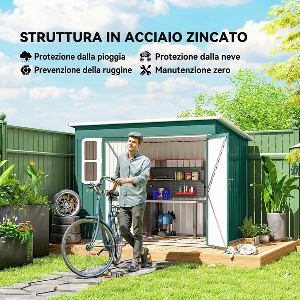 Outsunny Casetta da Giardino 4.13m² in Acciaio Zincato Kit di Fondazione, Tetto Inclinato, Doppia Porta Bloccabile, Prese d'Aria, Finestra, Verde | Aosom Italy