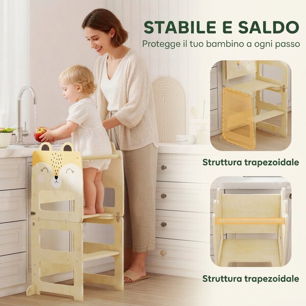 AIYAPLAY Torre Montessoriana per Bambini 2-5 Anni con Lavagna e Tavolino, in Legno, 57x39x93 cm, color Legno | Aosom Italy