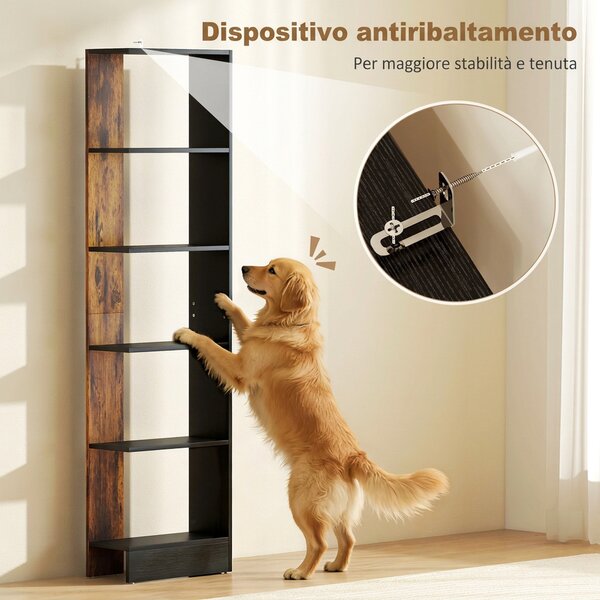 HOMCOM Libreria Moderna Salvaspazio a 5 Ripiani in Legno 45x21x170 cm, Marrone e Nero | Aosom Italy