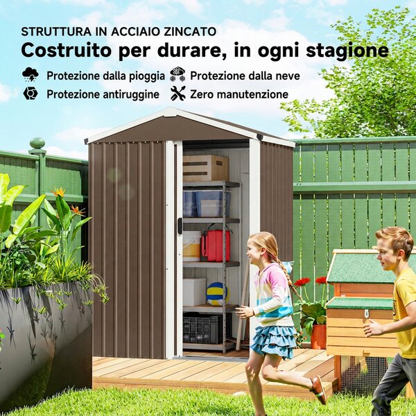 Outsunny Casetta da Giardino con Porta Scorrevole Bloccabile, Capanno in Acciaio 1.1m², 136x87x179 cm, Marrone | Aosom Italy