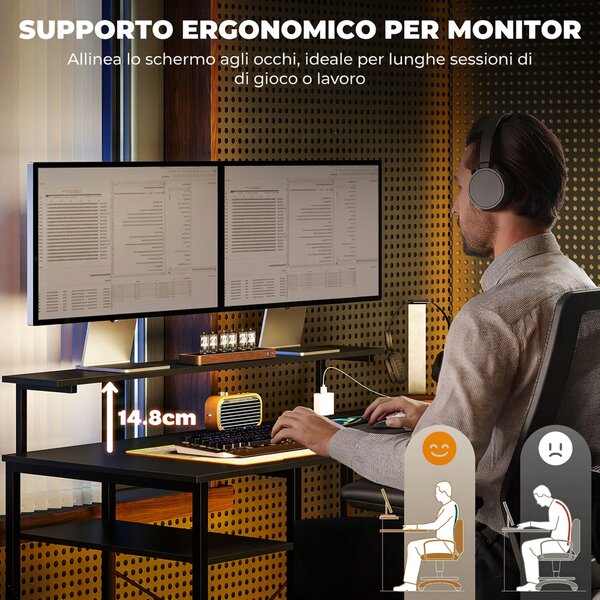 HOMCOM Scrivania Angolare per Computer con Prese Elettriche e Doppio Supporto per Monitor, 137x140cm, Nero | Aosom Italy
