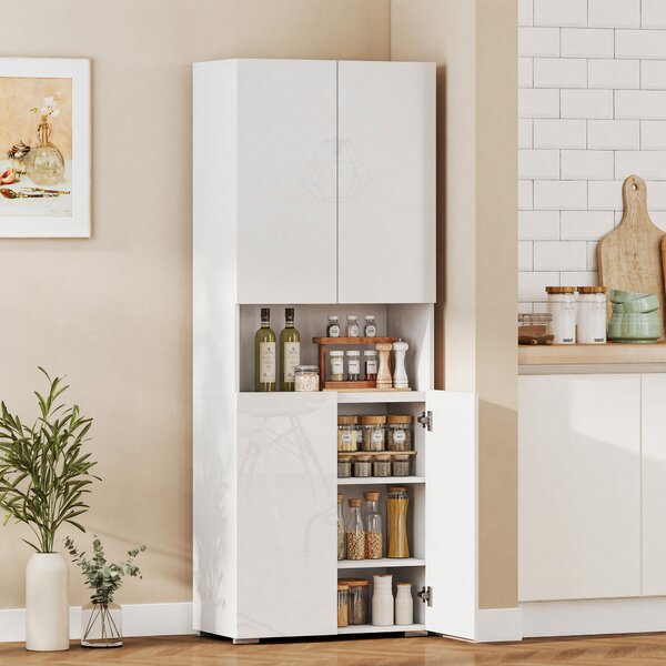 HOMCOM Credenza Cucina Alta 180cm, Mobile Dispensa con Ante Soft-Close, Ripiano Aperto, 2 Armadietti, Ripiani Regolabili, Mobile Cucina Moderno per Sala da Pranzo Soggiorno, Bianco Lucido | Aosom Italy