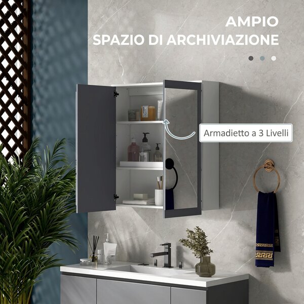 Kleankin Specchio Bagno Contenitore, 2 Ante, 2 Ripiani Regolabili, in MDF e Vetro, 69x17x75.5 cm, Bianco | Aosom Italy