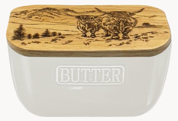Burriera in ceramica con coperchio in legno di quercia Scenic Highland Cow