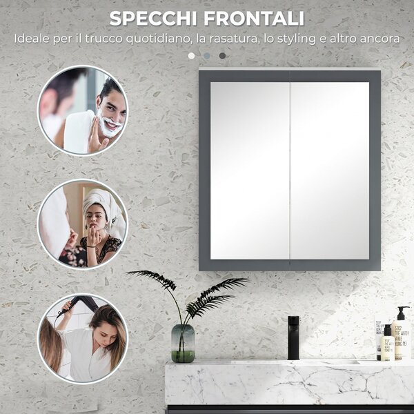 Kleankin Specchio Bagno Contenitore, 2 Ante, 2 Ripiani Regolabili, in MDF e Vetro, 69x17x75.5 cm, Bianco | Aosom Italy