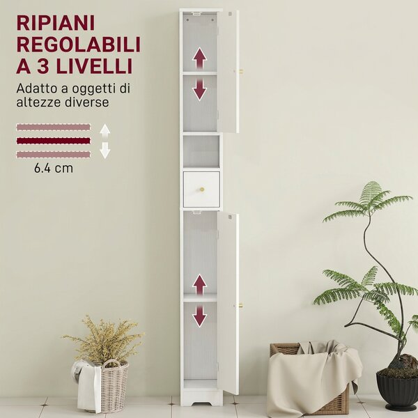 HOMCOM Mobile da Bagno Alto con Cassetto, Ripiano Aperto, 2 Ante ad Arco, Ripiani Regolabili, 20x20x185cm, Bianco | Aosom Italy